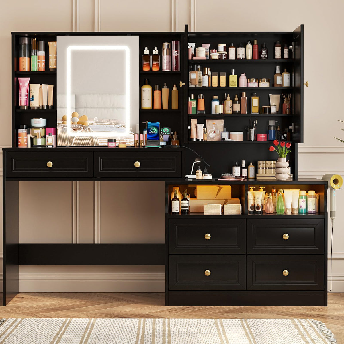 Black Vanity Desk with LED Sliding Mirror