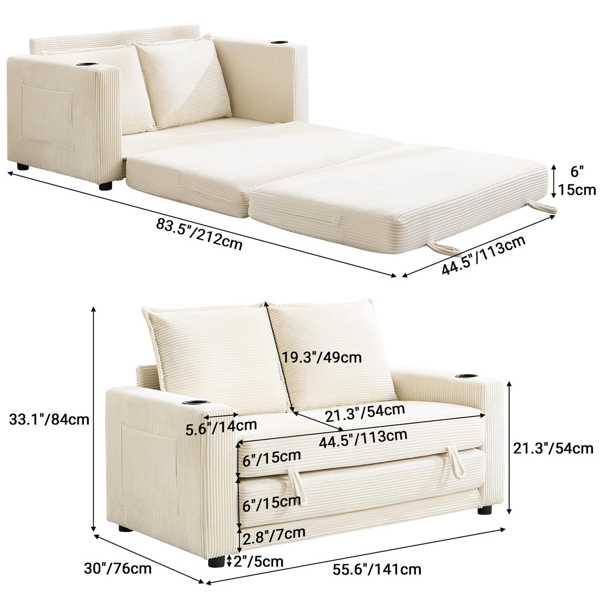 WODNITURE 55.6 in Convertible Sofa Bed, Corduroy Futon Couch, Beige