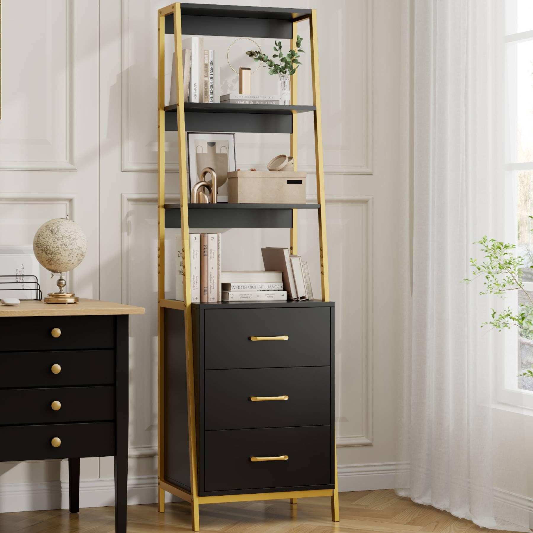 4-Tier Ladder Bookshelf with 3 Drawers