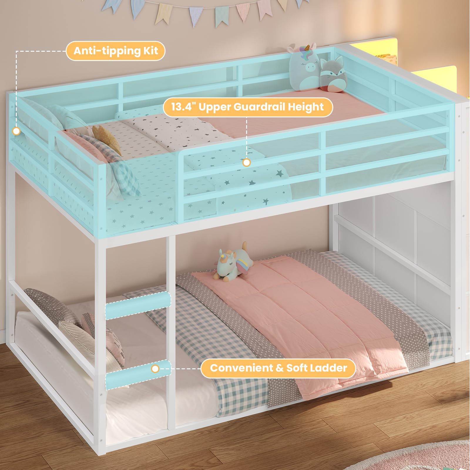 Twin Over Twin Bunk Bed with Storage & LED Lights