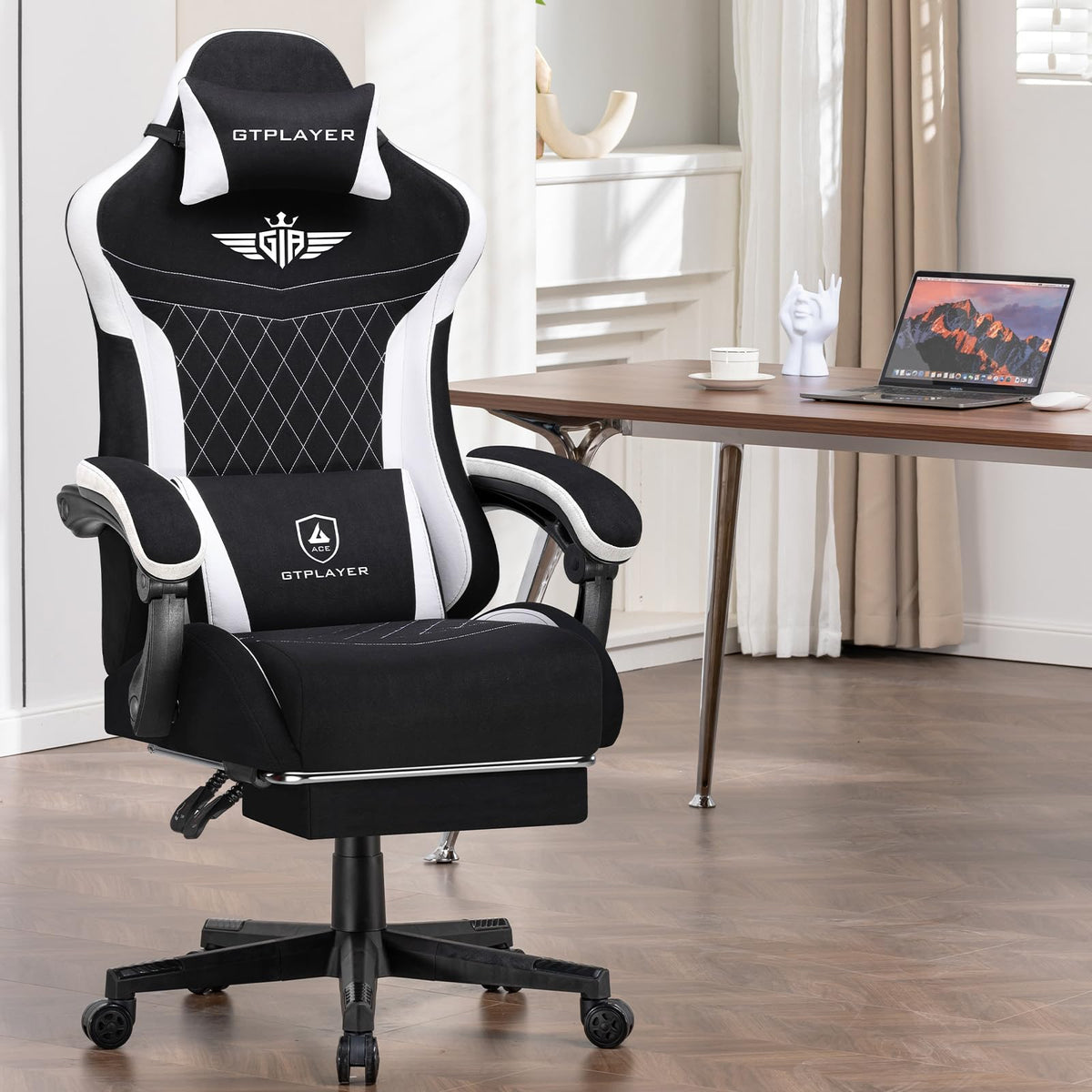 Black Fabric Gaming Chair with Footrest