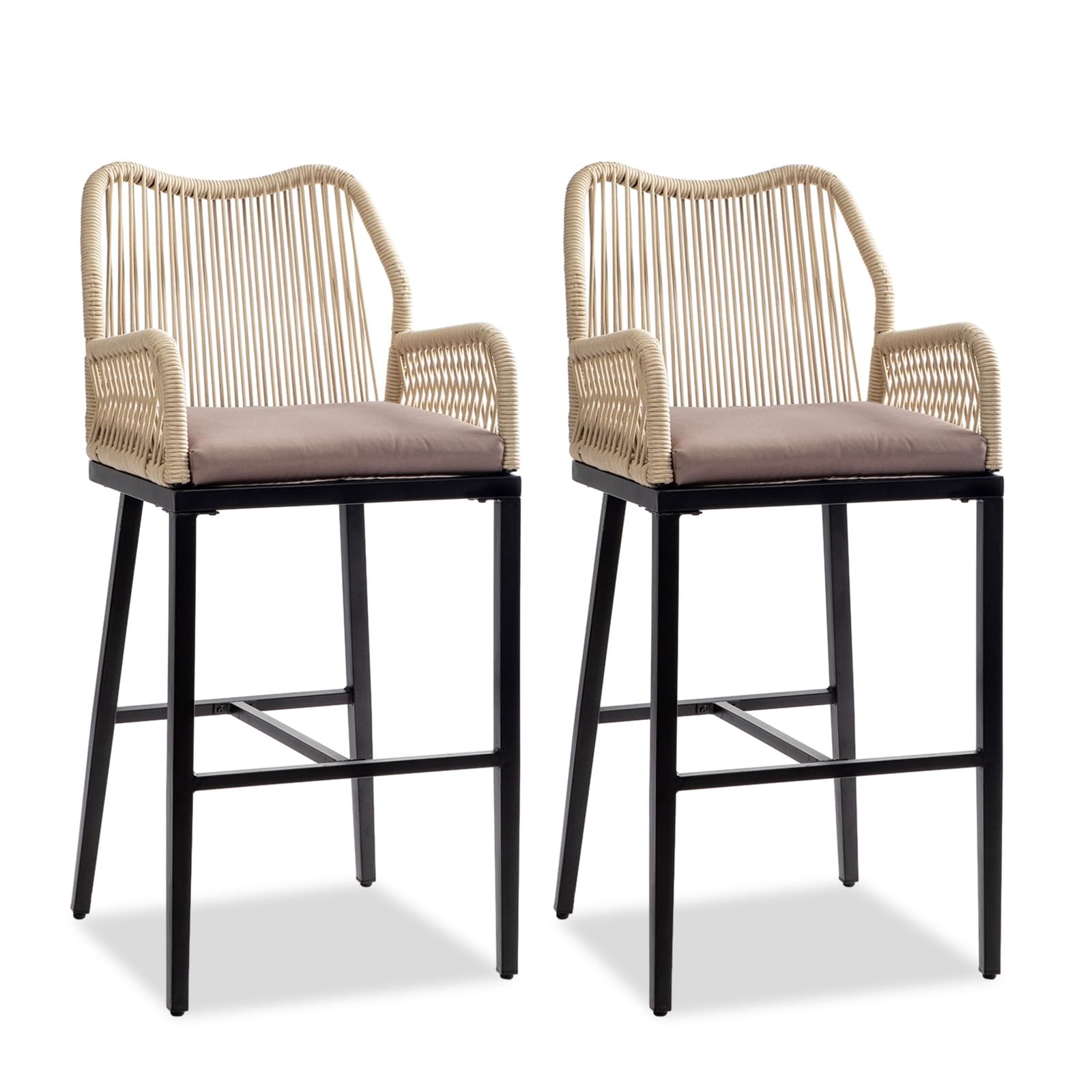 Outdoor Wicker Bar Stools with Cushions (Set of 2)