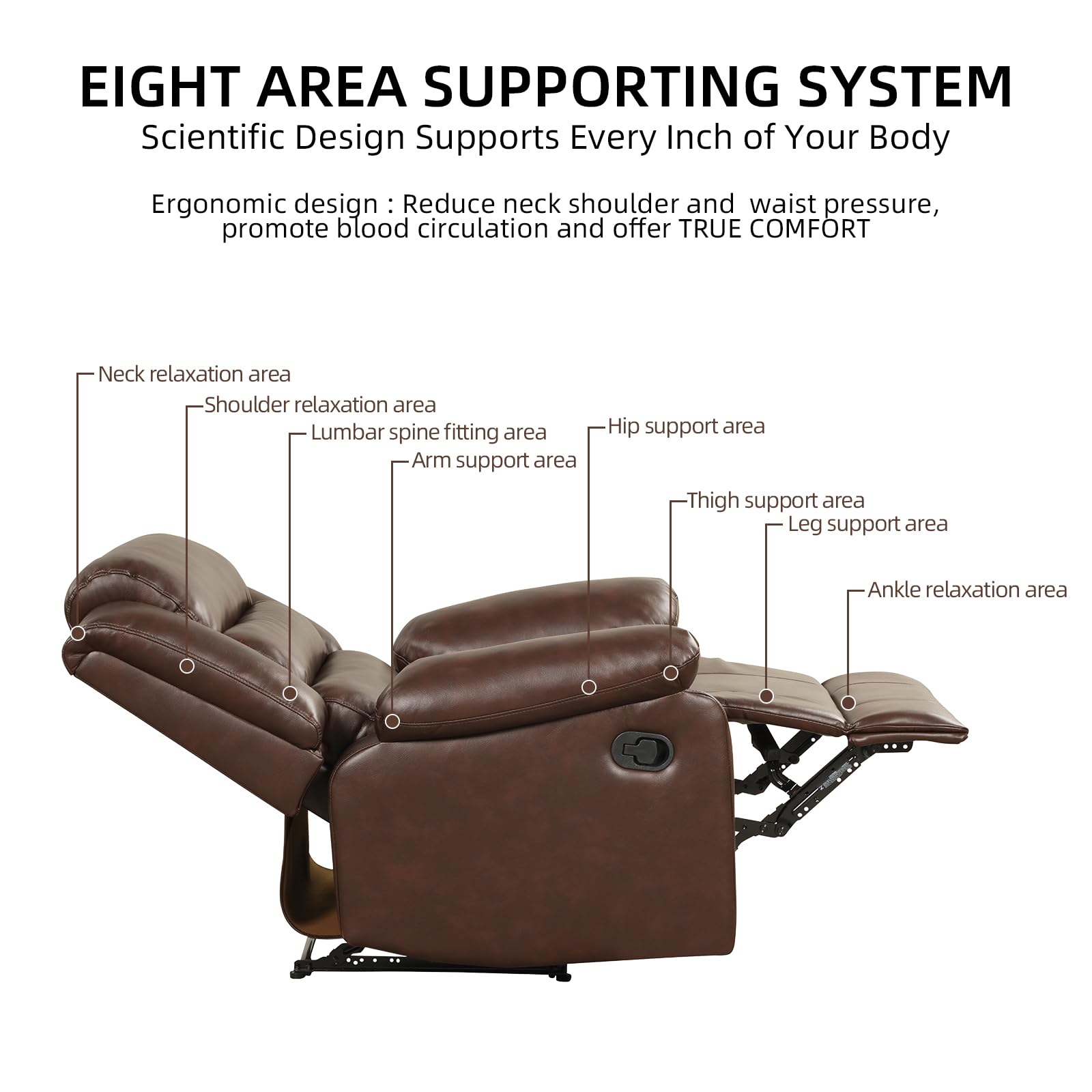 IOMOR Manual Recliner Chair with Overstuffed Arm and Extra-Padded Back, Breathable PU Leather Reclining Chair for Adults, Single Sofa for Living Room, Bedroom (Dark Brown)