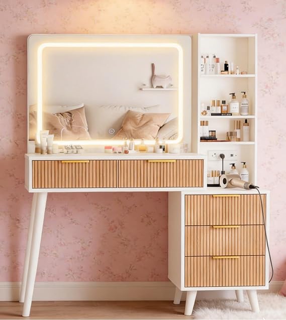44" Lighted Makeup Vanity Desk with Mirror & Storage