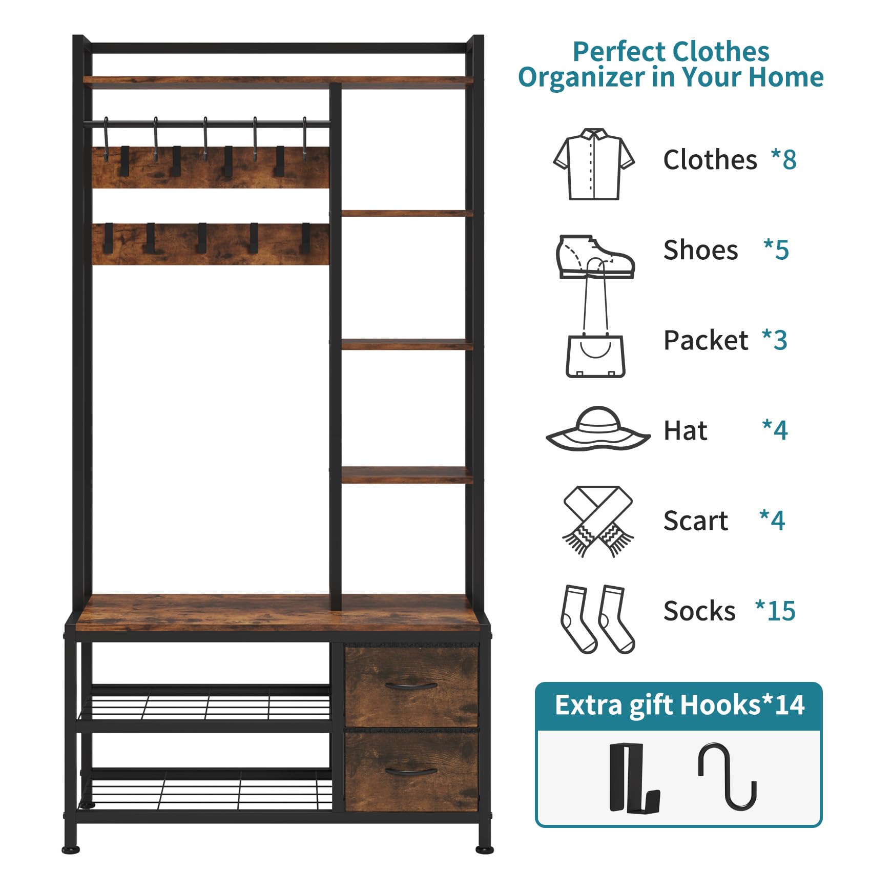 6-in-1 Hall Tree with Bench, Drawers & Shelves