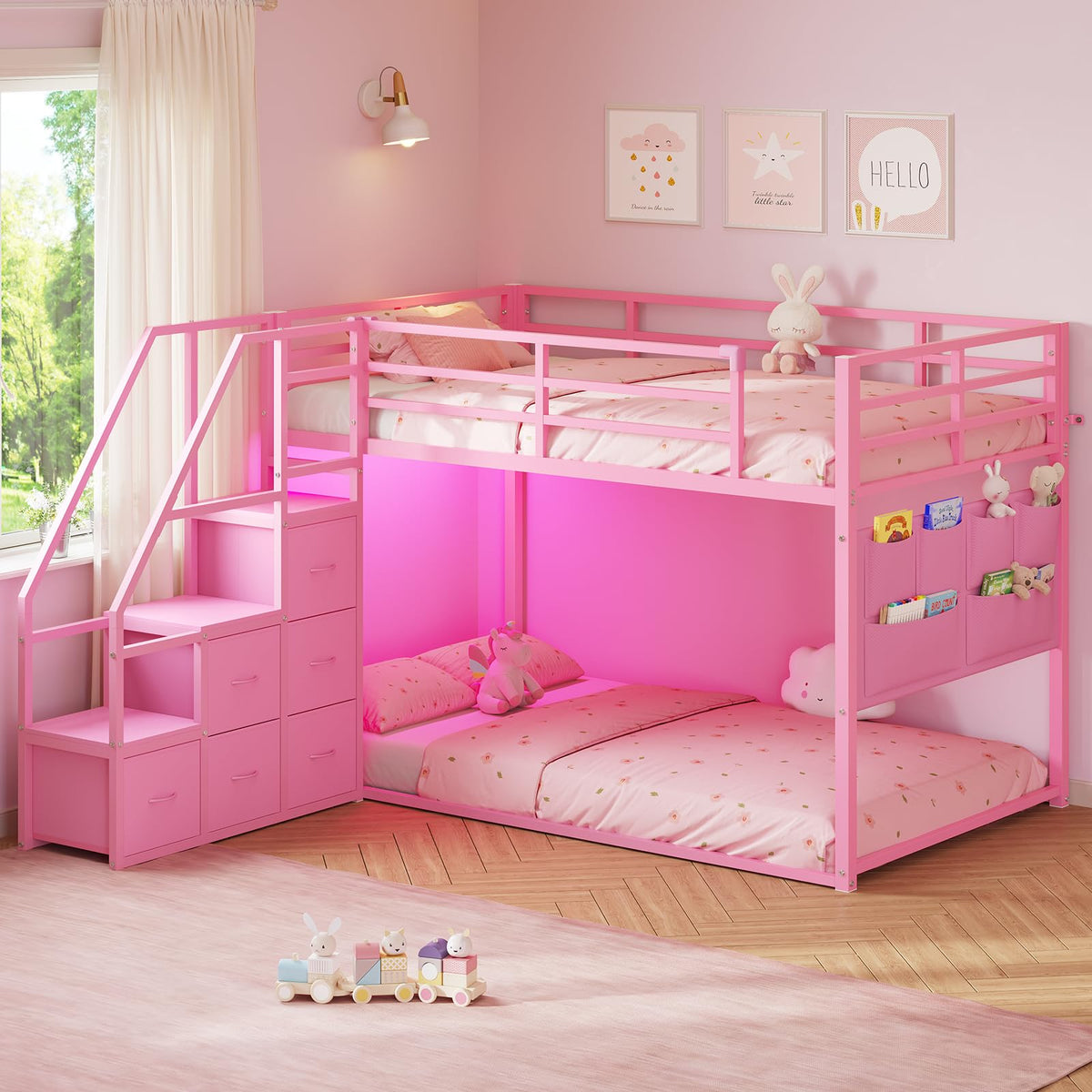 Twin Bunk Bed with Storage & LED Lights