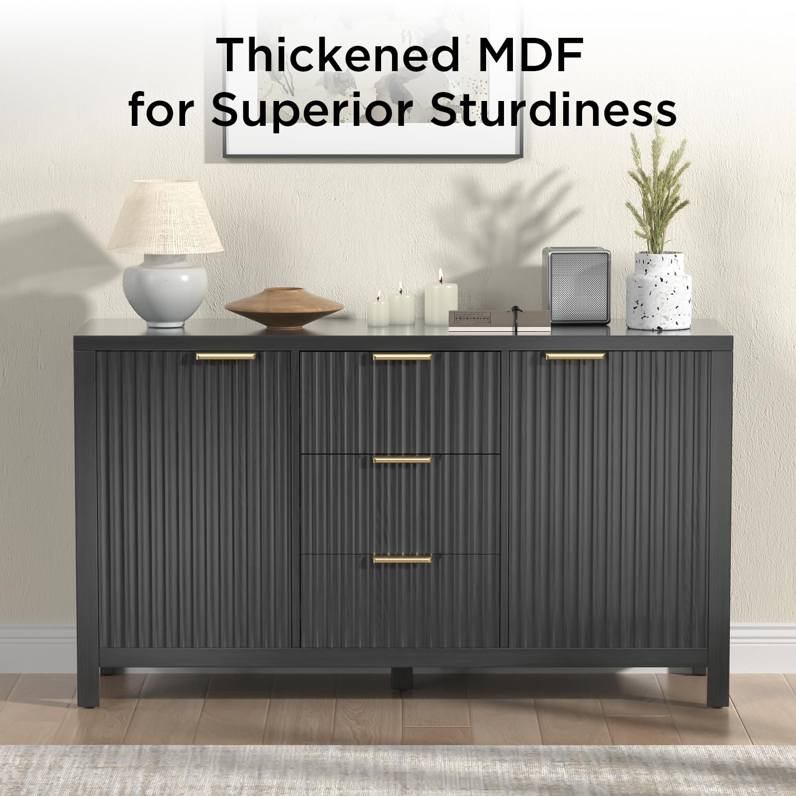 OUTISAN Fluted Sideboard Buffet Cabinet 47.2" Buffet Cabinet with 3 Drawers & 2 Doors, Large Coffee Bar Console Table for Dining Room, Living Room, Entryway