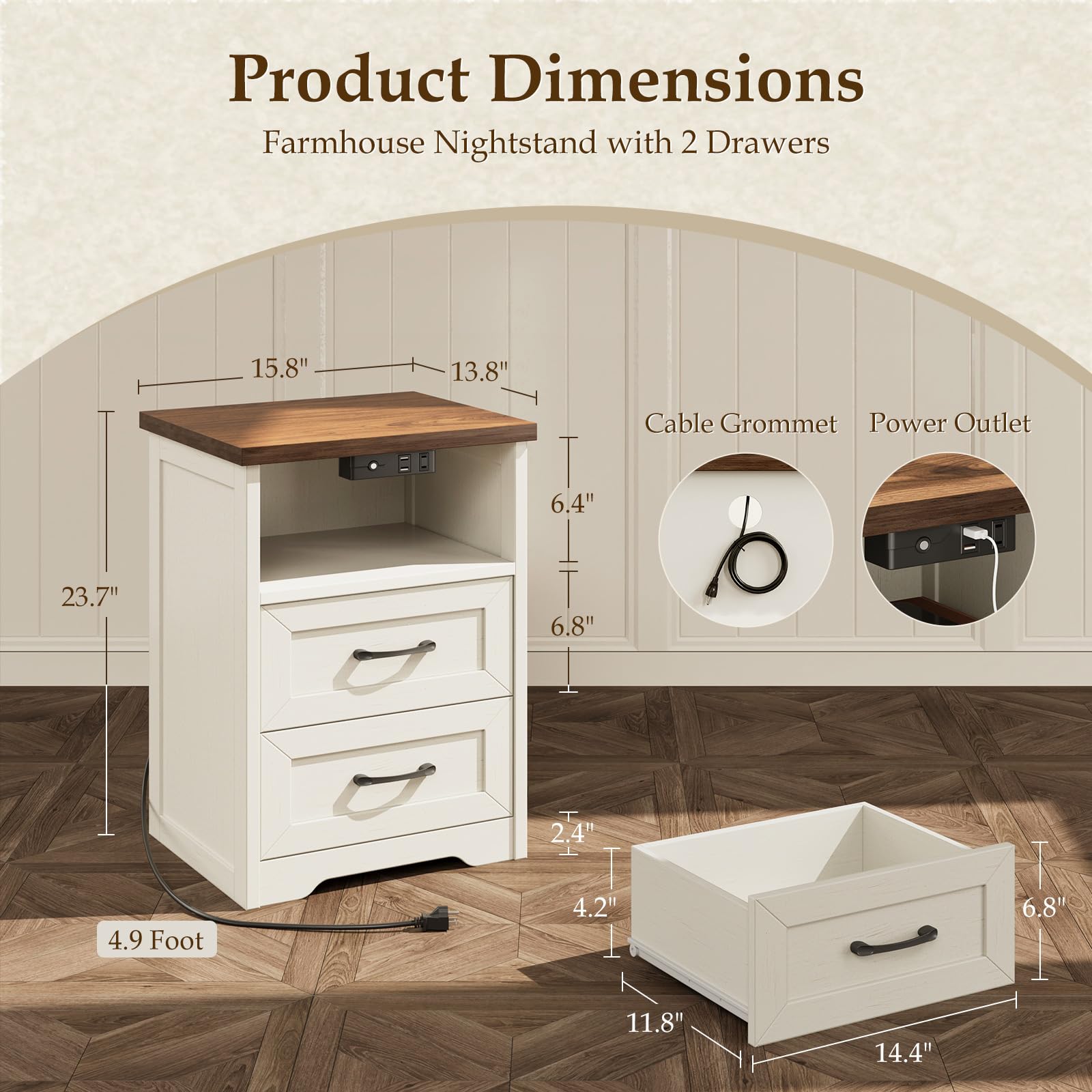 AODK 3-Piece Bedroom Set – 47" Wide 6-Drawer Dresser + 2 Farmhouse Nightstands with 2 Drawers & Charging Station & RGB LED Lights – Engineered Wood, Anti-Tip Design, Rustic White & Dark Walnut