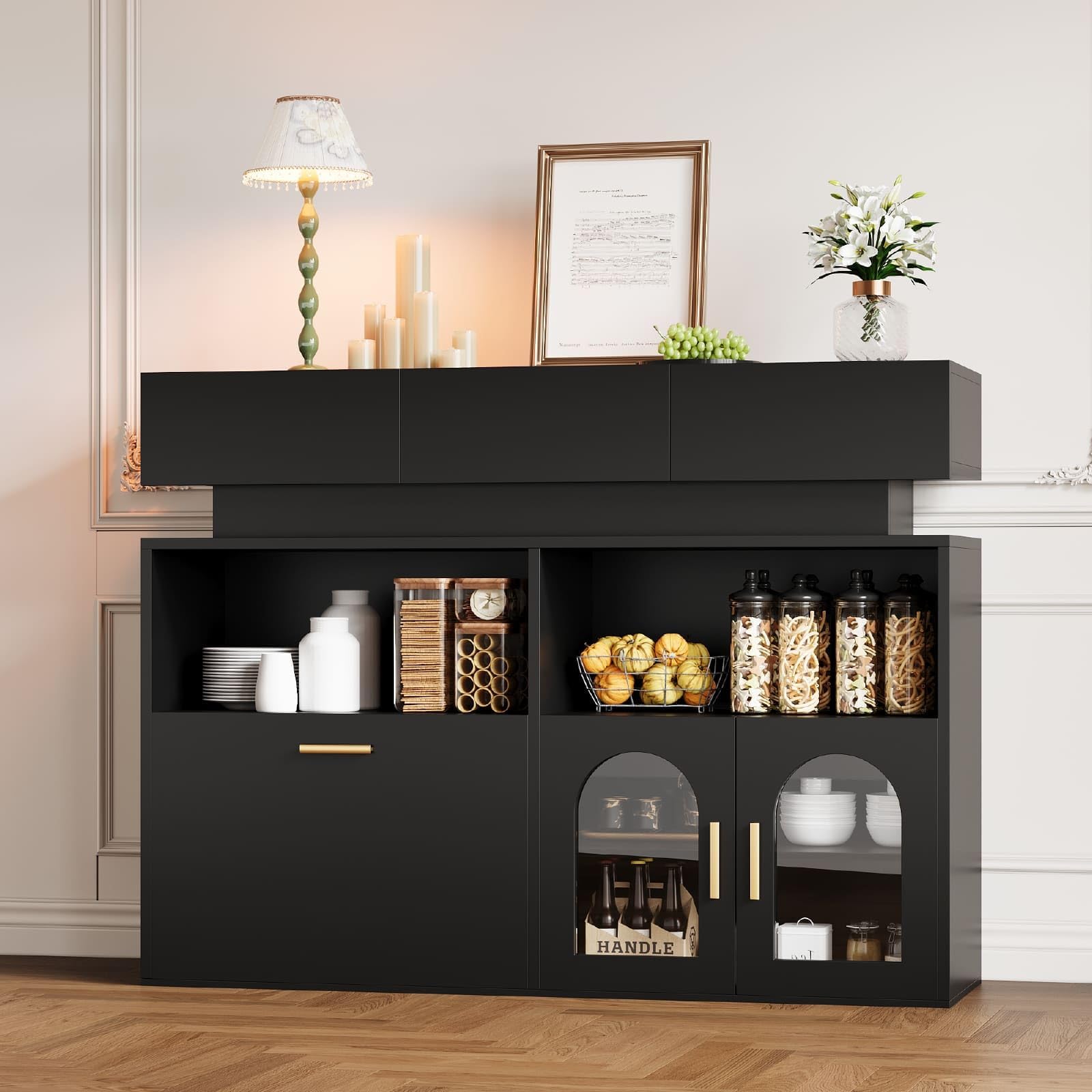 Coffee Bar Cabinet,Kitchen Storage Cabinet with 3 Drawers,Sideboard Buffet Cabinets with Ajustable Shelf,Wood Coffee Bar Table for Dinning Room/Living Room/Kitchen 55.04"L*15.61"W*41.93"H Black