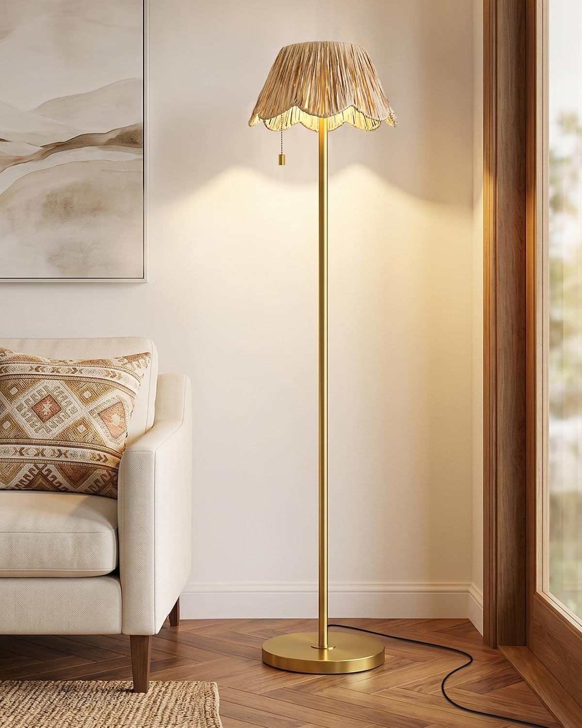 OYEARS 65" Boho Floor Lamps for Living Room, Rattan Floor Lamp, Pull Chain Switch, Gold Standing Lamp with Hand-Woven Shade, Farmhouse Tall Lamps for Nursery, Metal Base&Pole, Bulb not Included, Gold