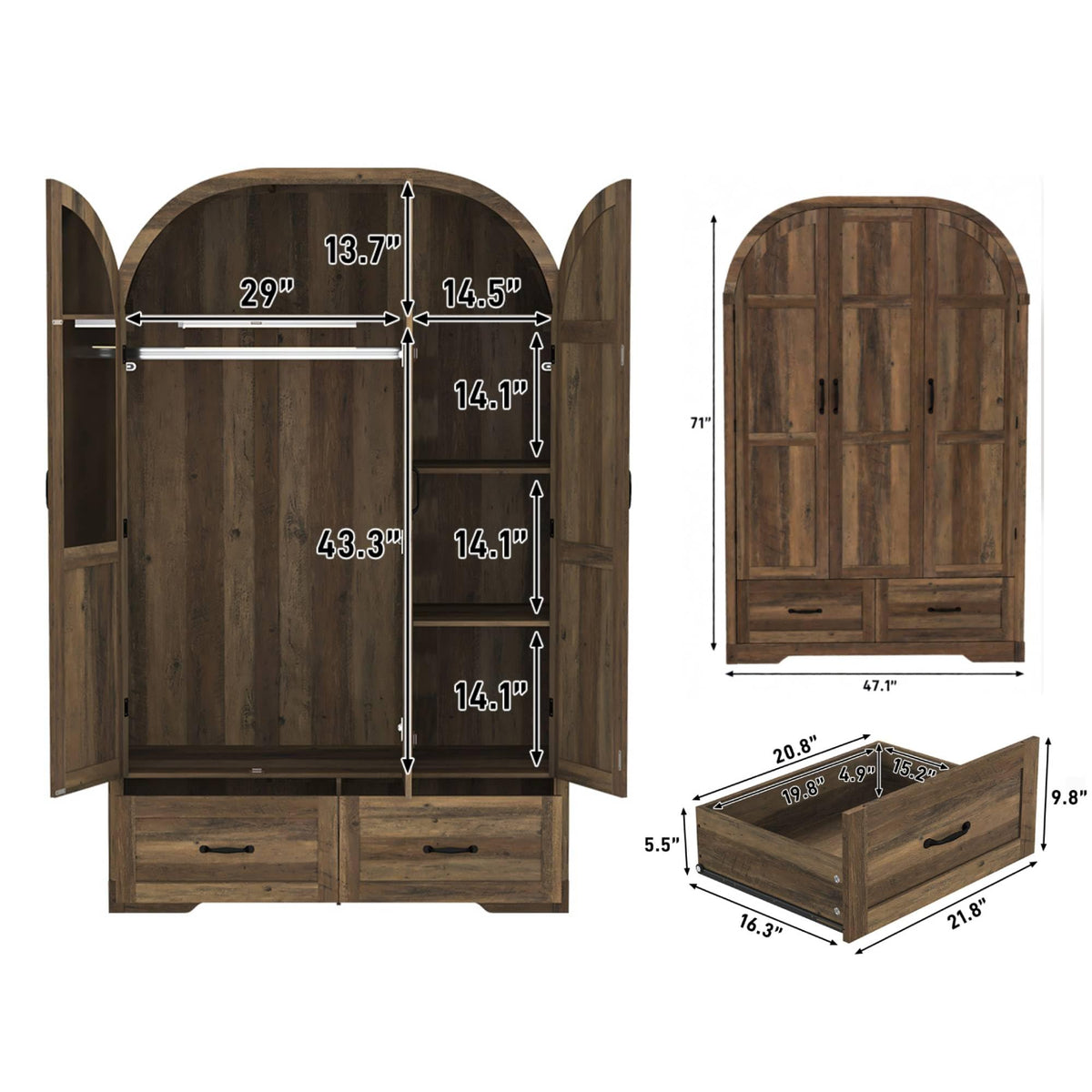 Squireewo 3 Doors Armoire Wardrobe Closet with Mirror and Lights, 71" Farmhouse Arched Wooden Wardrobe Cabinet with 2 Drawers,Hanging Rod, Clothing Storage Closet Cabinet for Bedroom,Light Rustic Oak