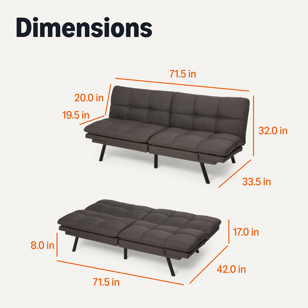 Amazon Basics Futon Sofa Bed, Convertible Memory Foam Sofa Couch with Adjustable Positions for Small Living Room, Office, Apartment, Dark Grey Linen Fabric
