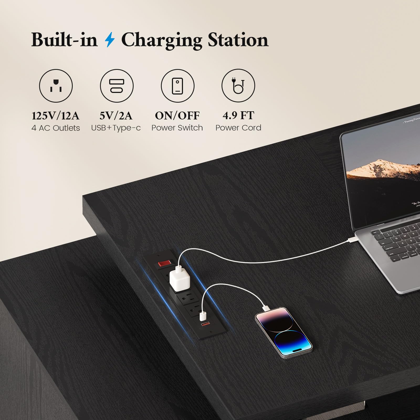80.6" Executive Desk with Power Outlet & Storage