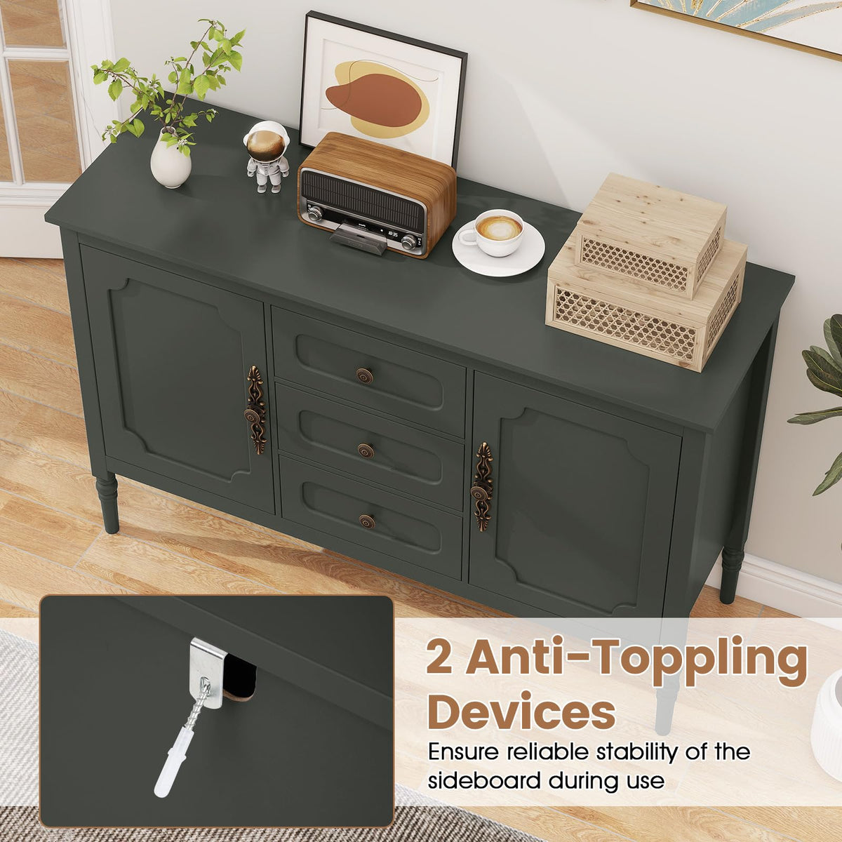 SILKYDRY Buffet Cabinet, 47" Vintage Sideboard w/Adjustable Shelves(Green)
