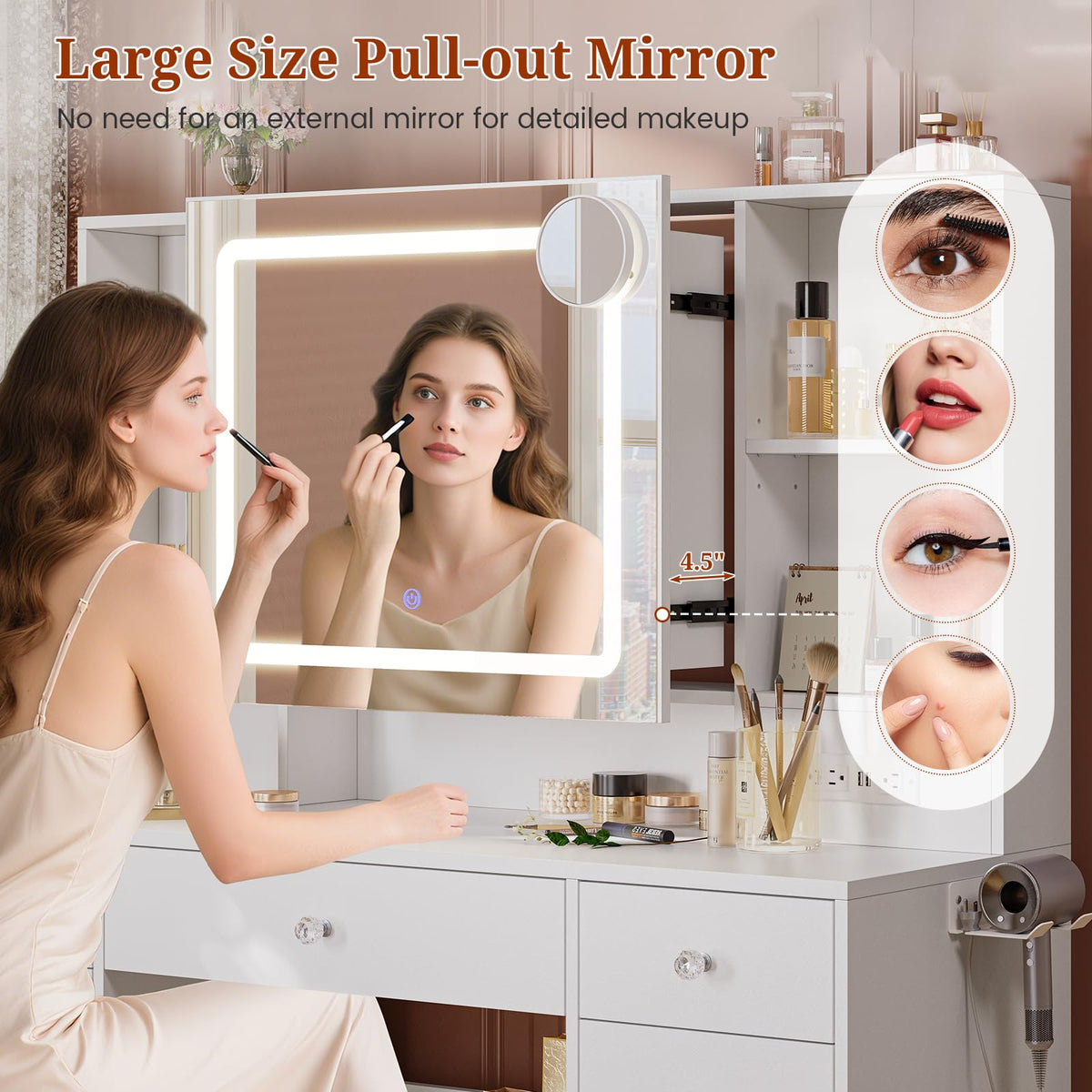 47.2'' Vanity Desk with Mirror and LED Lights, White
