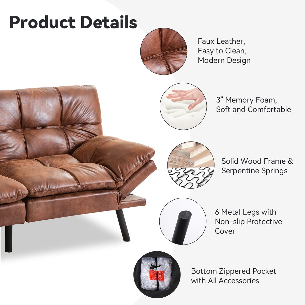 AMICLIBER 71" Convertible Futon Sofa Bed,Brown Faux Leather Futon Couch