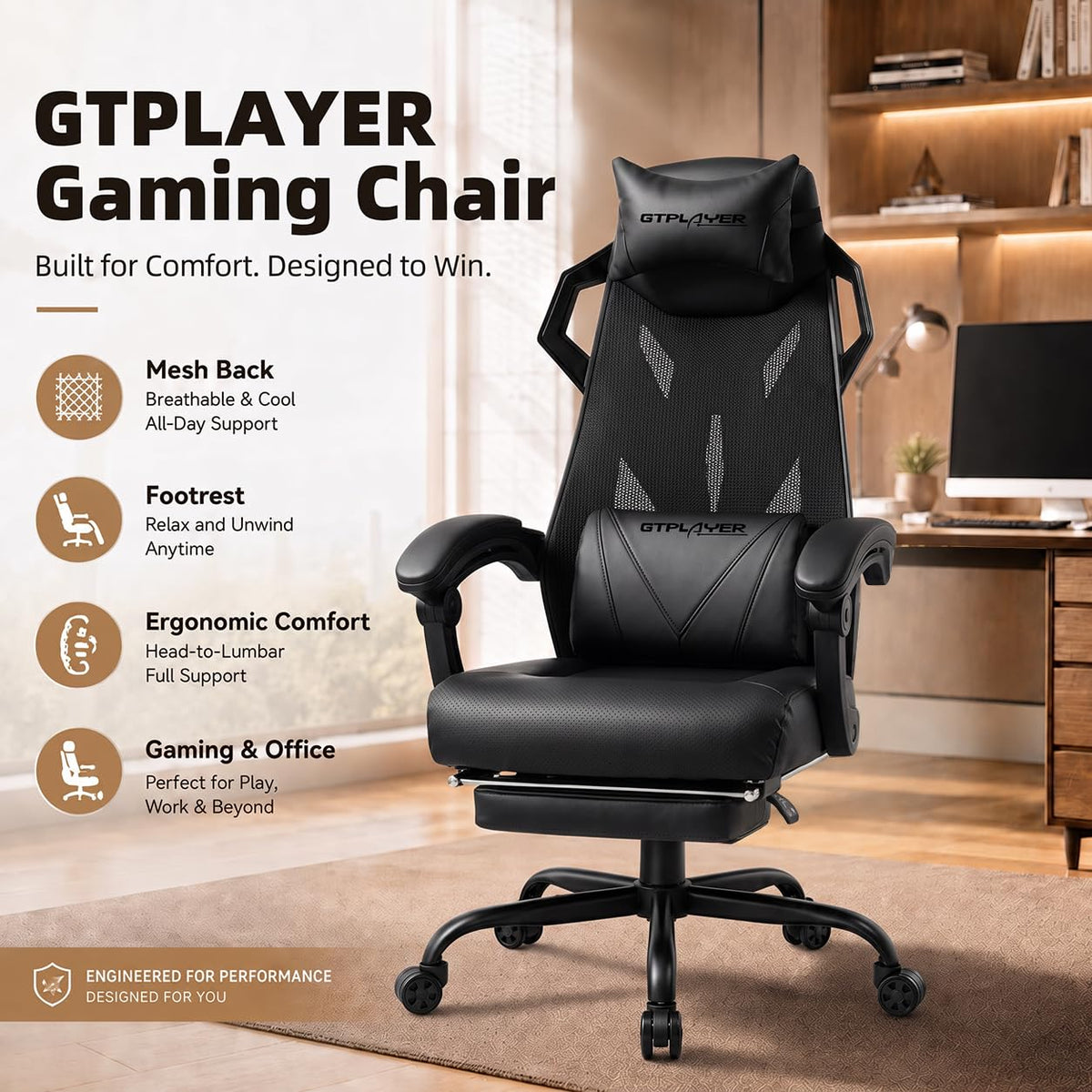 GTPLAYER Office Gaming Chair, Ergonomic Mesh Desk Chair W/Footrest for Adults, BLK