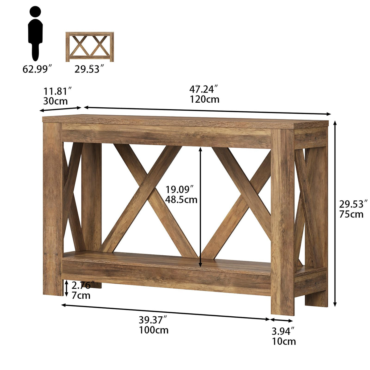 Tohomeor 47.2" Farmhouse Entryway Table, Wooden Rectangular Entry Table, 2-Tier Storage Modern Sofa Table Behind Couch for Entrance, Living Room, Hallway, Foyer, Retro Brown