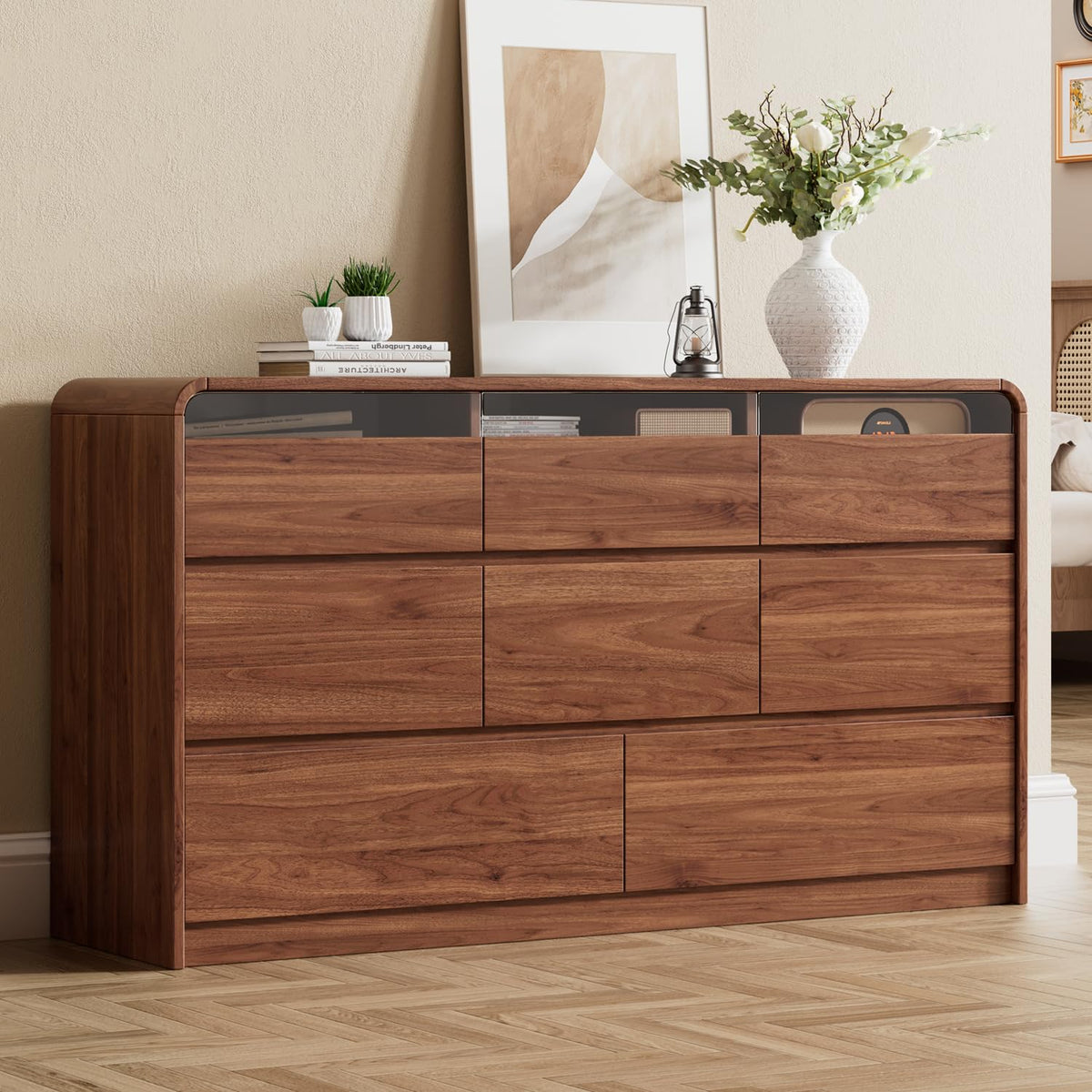 Ieejdn 47.2" Dresser with 6 Drawer, Wide Dresser with Recessed Glass Display & Silent Metal Rails, Handleless Chest of Drawers for Clothes, and Bedding, Walnut