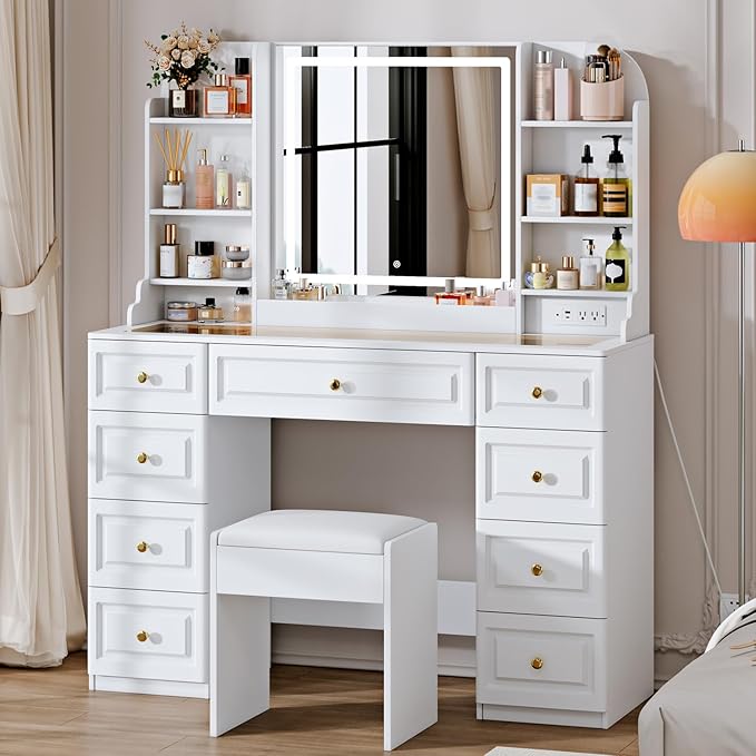 Makeup Vanity Desk with Mirror, Lights & Glass Top