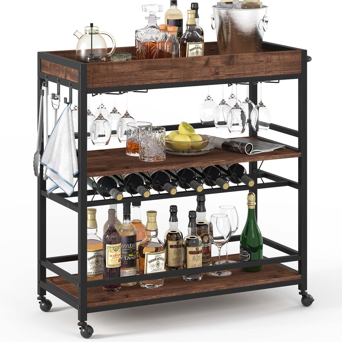 BON AUGURE Rolling Bar Cart on Wheels for Home with Wine Rack, Glass Holder