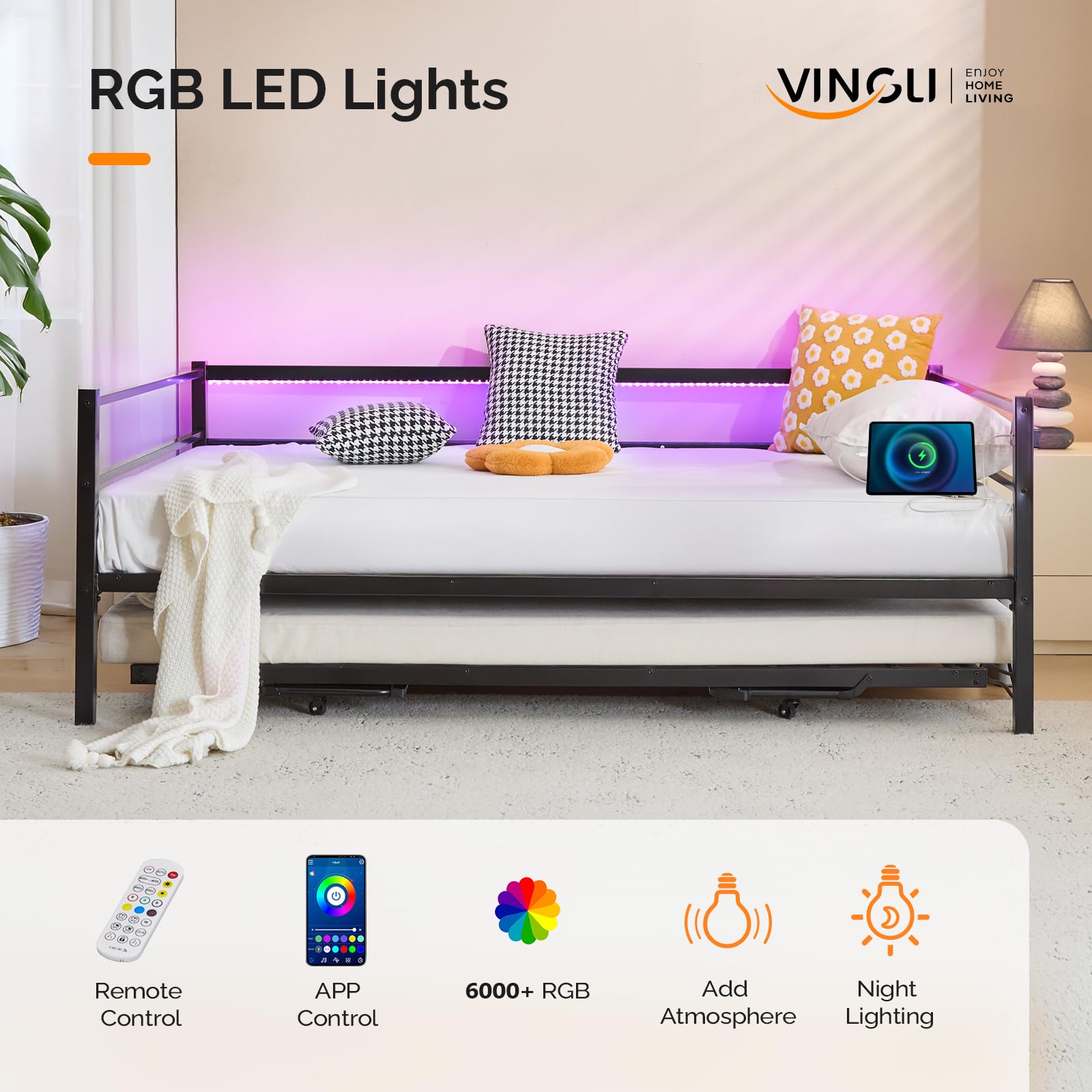 VINGLI Daybed with Trundle Bed Twin, Charging Station and LED Lights,Heavy Duty Metal Twin Daybed with Pop up Trundle for Living Room,Bedroom,Guest Room, No Box Spring Needed,Black
