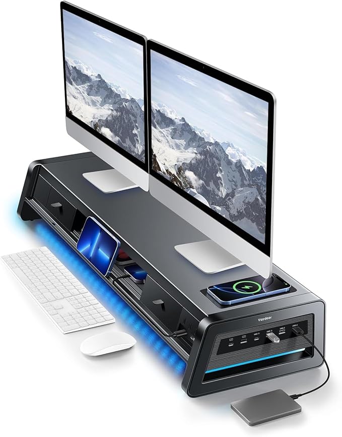 Dual Monitor Stand Riser with Drawers, USB Ports & Wireless Charging