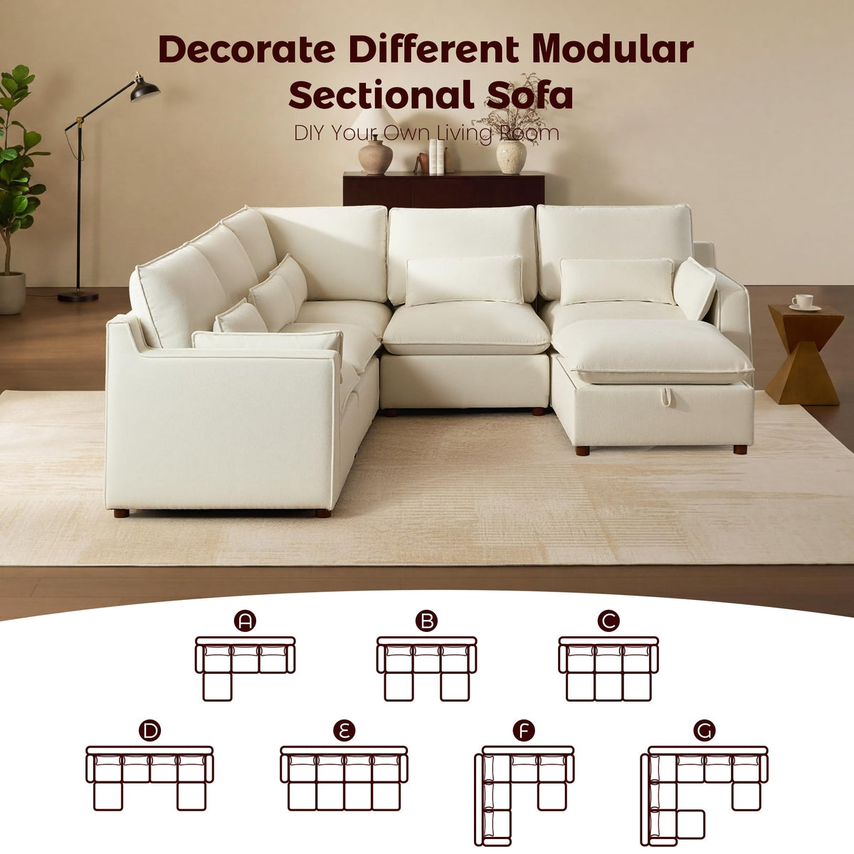 WorthFurni Modern Modular Sectional Sofa,105" V Shape Sectional Cloud Couch with Storage Ottoman,Comfty 6 Seat Sofa for Living Room,Beige Chenille