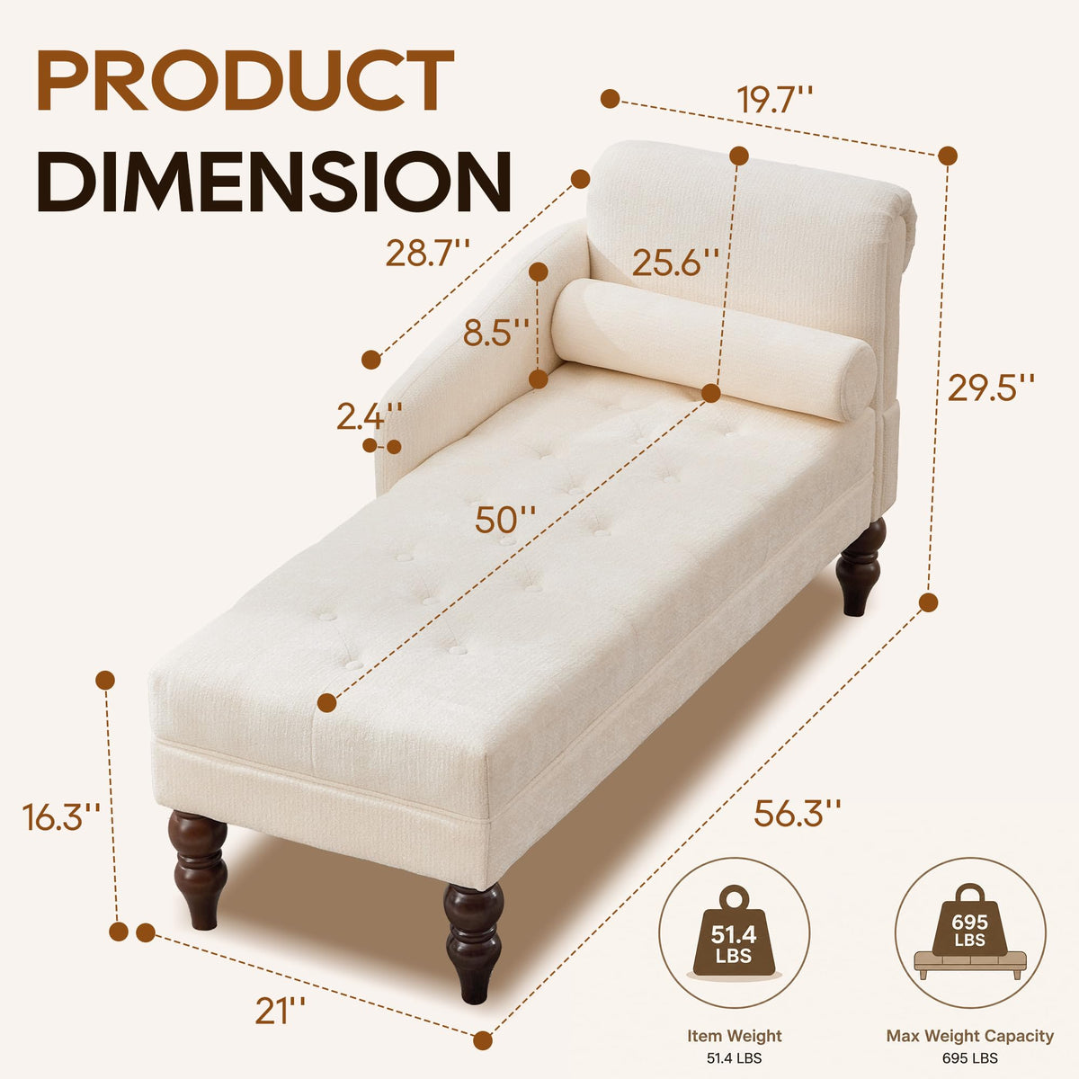 IPKIG Chaise Lounge Chair Indoor with Right Armrest, Chenille, Beige