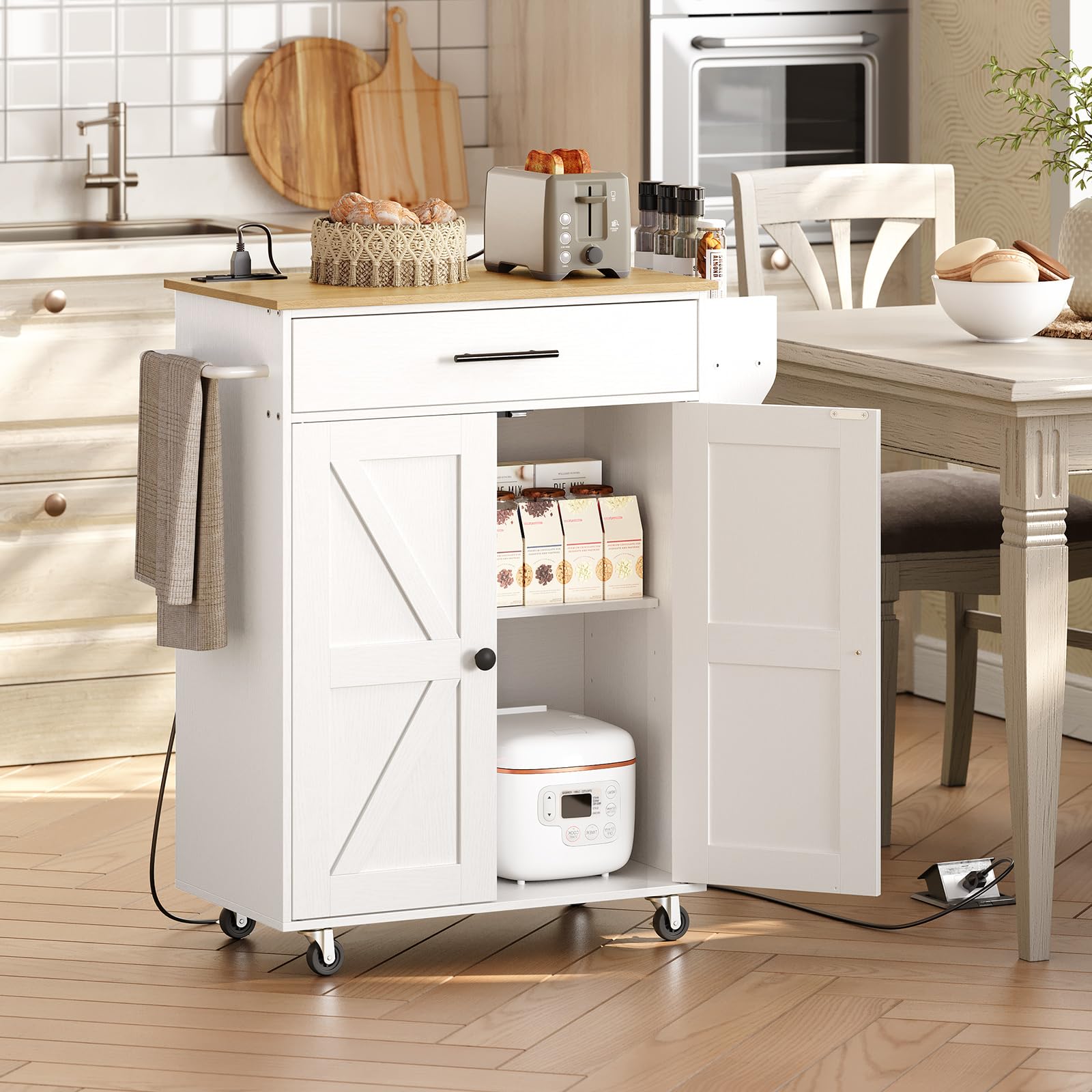 HOOBRO Kitchen Island with Power Outlet, Rolling Kitchen Island with Large Worktop, Kitchen Island Cart with Spice Rack and Drawer, Island Table for Dining Room, White and Natural WN88UZD01