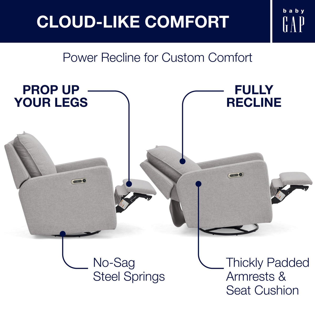Delta Children babyGap Harlowe Power Recliner with USB-A & Charging Port Greenguard Gold Certified – Stain-Resistant Performance Fabric is Oeko-TEX Standard 100 Certified, Ash