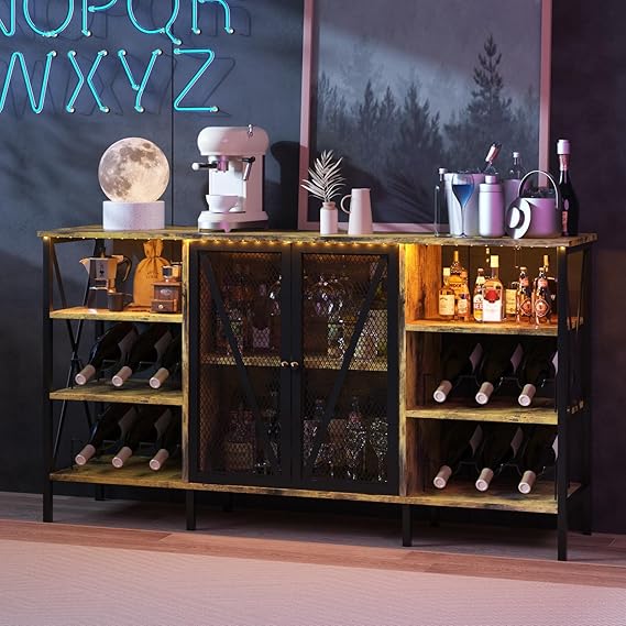Industrial Wine Bar Cabinet with LED Light