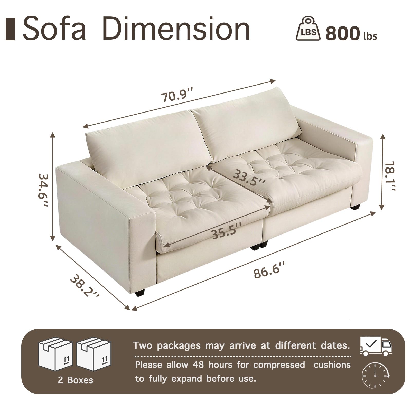 Orcalic 87'' Storage Sofa Couch, 3 Seater Sofa with Extra Deep Seats, Modern Couches for Living Room, Comfy Upholstered Space Saving Sofa with Washable Cushion Covers for Apartment, White