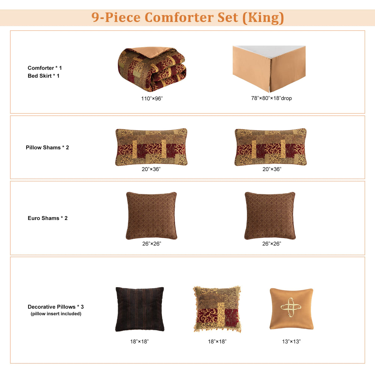 Loom and Mill 9-Piece Traditional Patchwork King Comforter Set, Red Gold