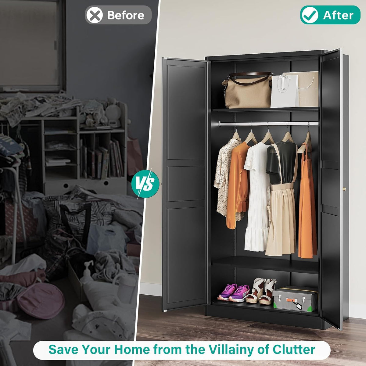 Steel Wardrobe Cabinet with Hanging Rod