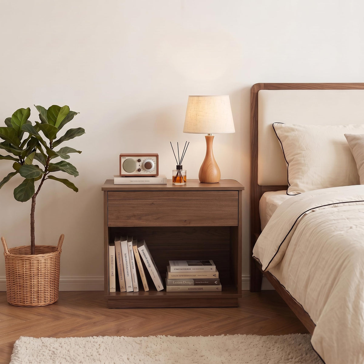 HIPIHOM 31.5" Wide Walnut Nightstand with Drawer and Open Shelf for Bedroom