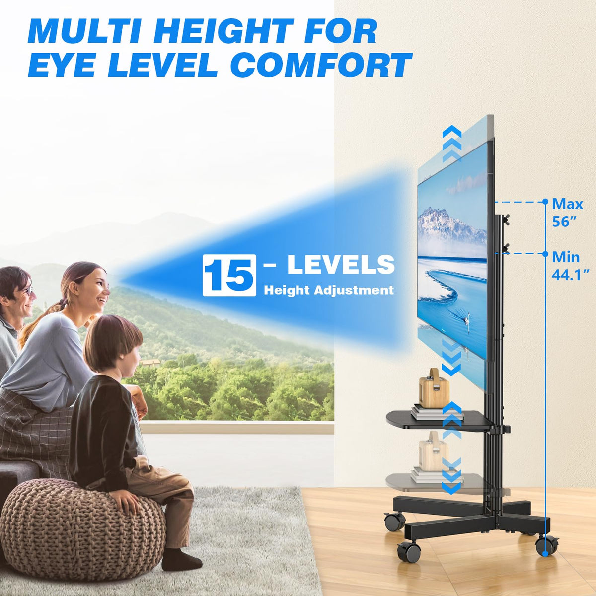 Rfiver Rolling TV Stand with Laptop Shelf, Mobile TV Stand with Upgraded Wheels for 32-75 Inch TVs, Height Adjustable Mobile TV Cart up to 88lbs, Portable TV Mount Stand for Outdoor, Home, Office