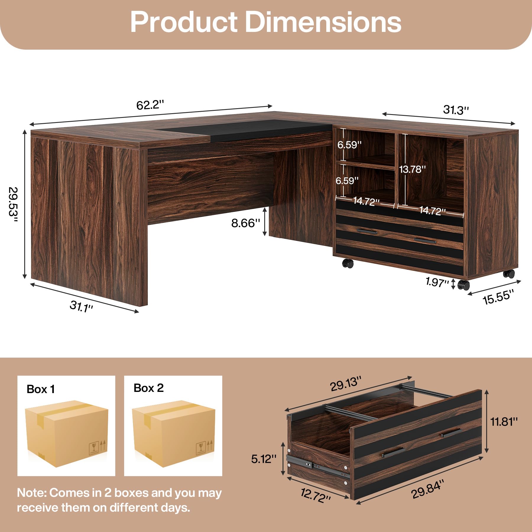 L-Shaped Executive Desk with Mobile File Cabinet
