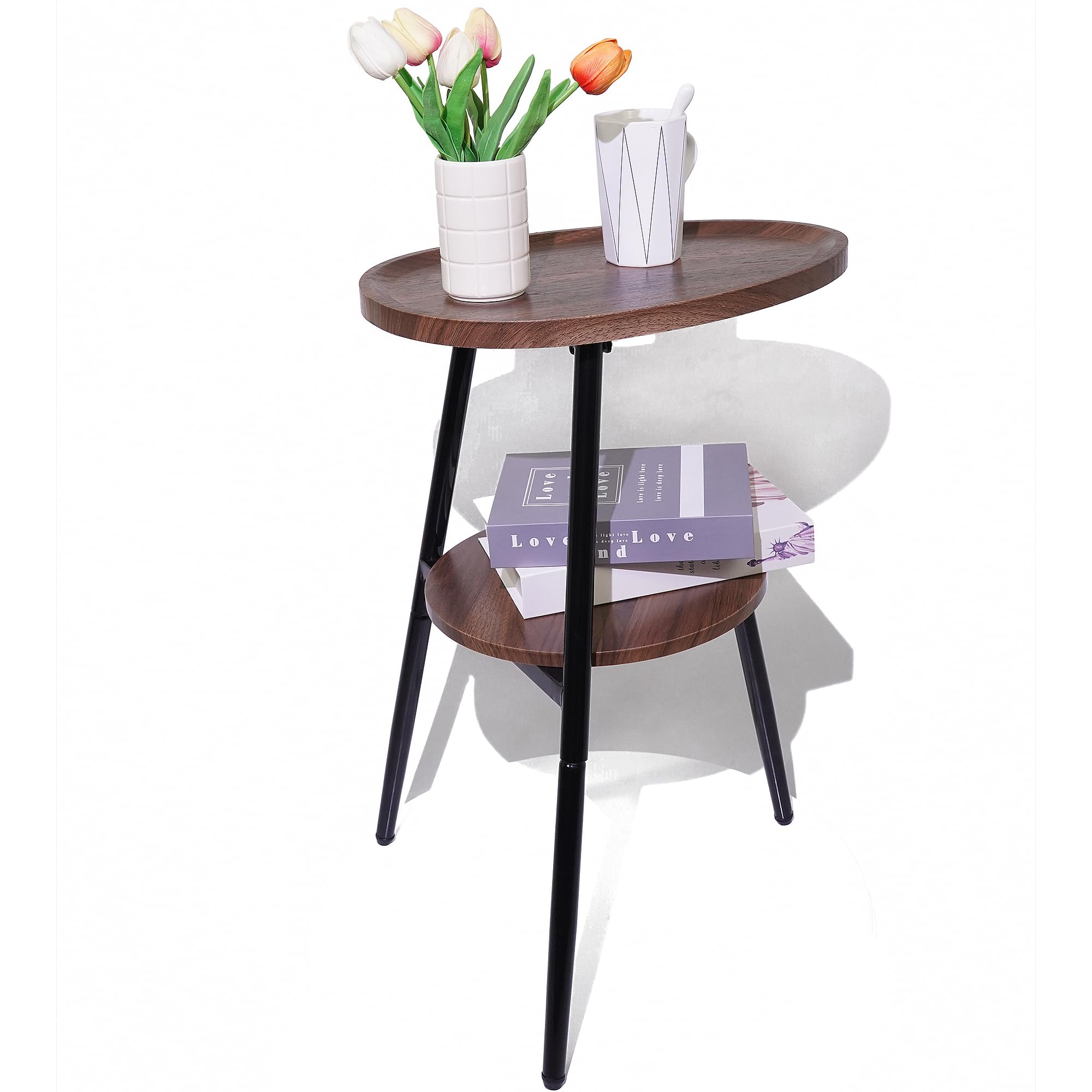 GUPZTY Side Table Small End Table, Oval Round Wood Sofa Table, 2 Tier Accent Table Nightstand Bedside Table with Metal Frame for Living Room, Bedroom, Small Spaces (Rustic Brown)