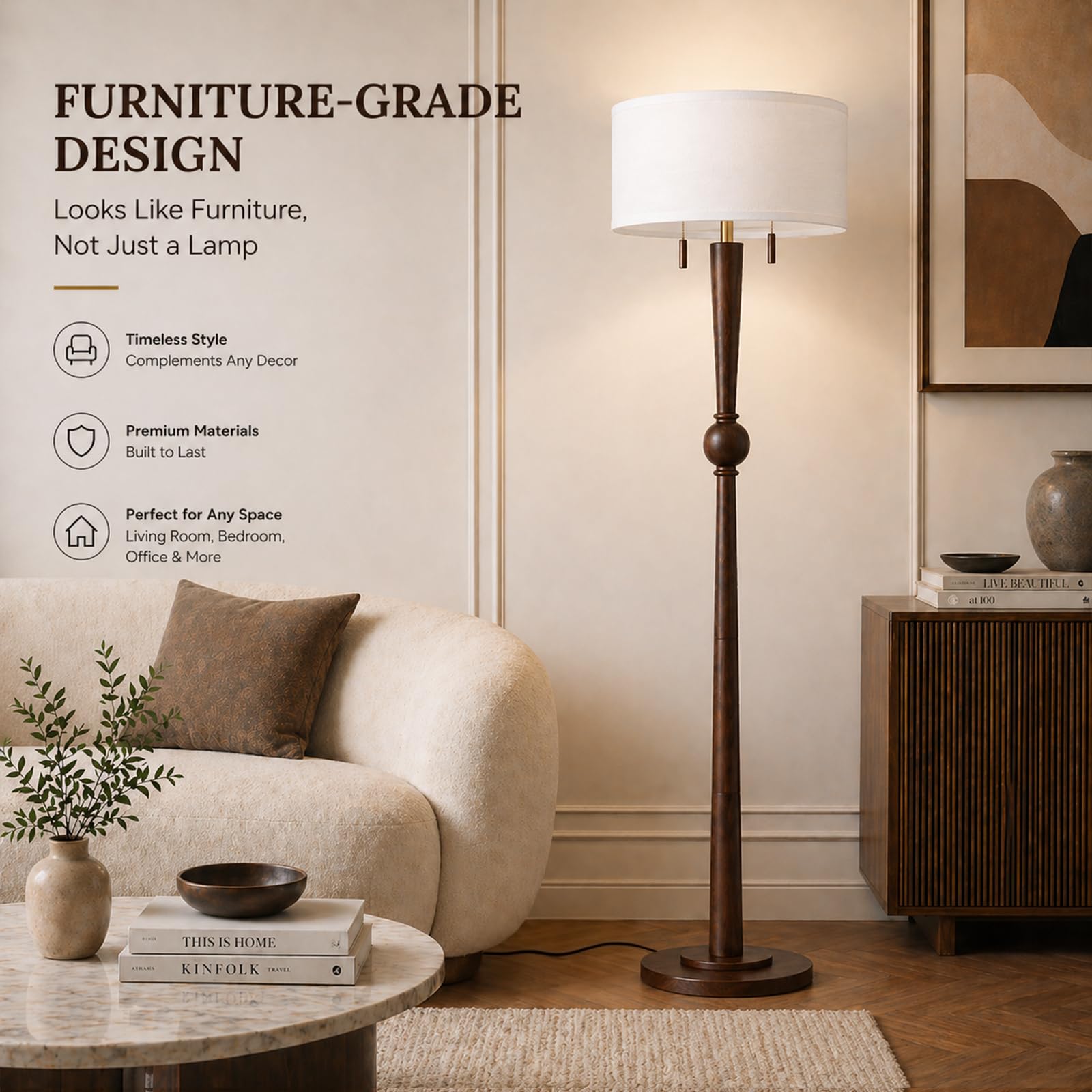 MOFFE 62.8" Solid Oak Wood Floor Lamp, Tall Standing Lamp with 2-Light Pull Chains, 17" White Linen Drum Shade, Sculptural Wood Base & Stem, Includes 2 LED Bulbs for Living Room, Bedroom, Office