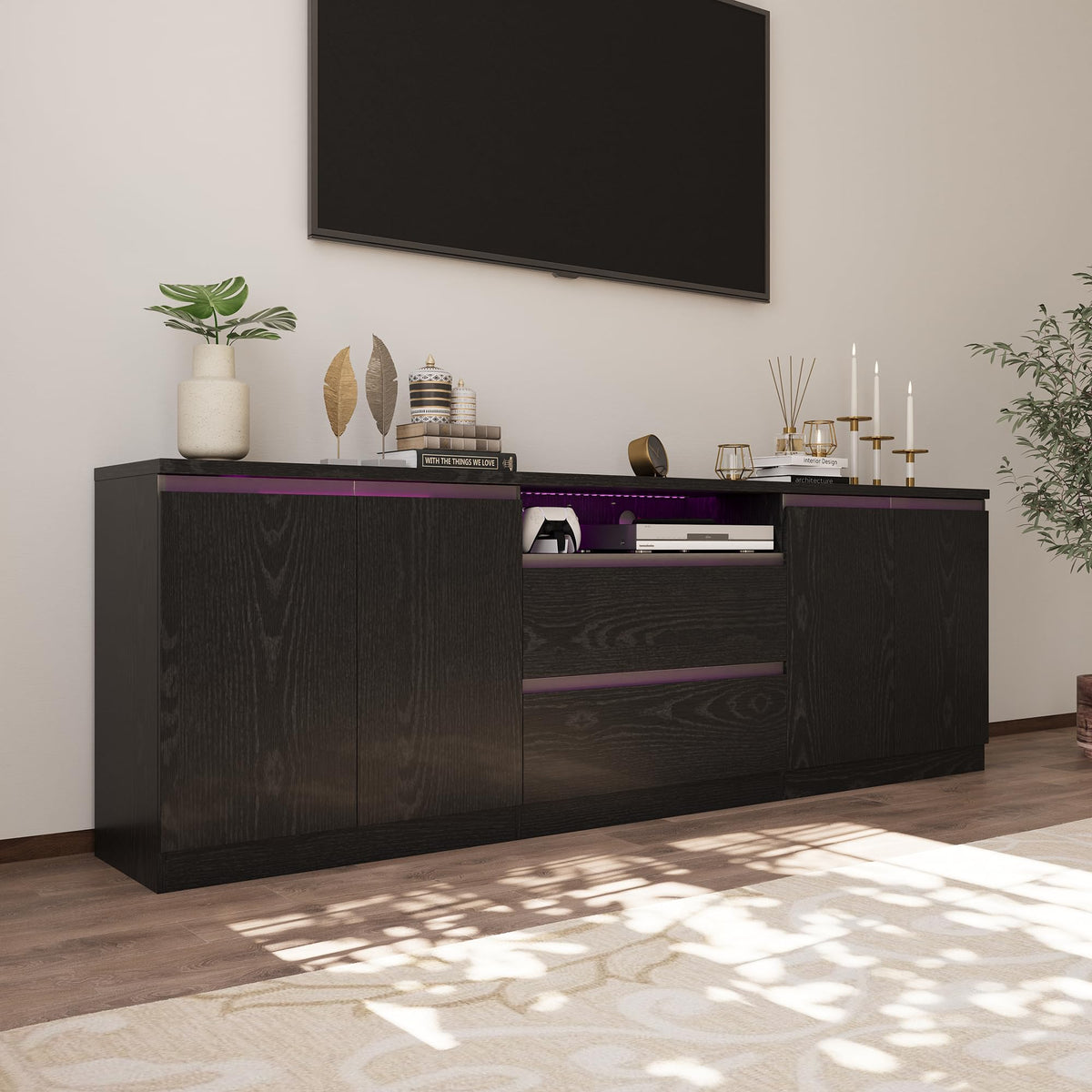 Mekminop 94.5" LED Modern TV Stand for 100/90/80 Inch TVs, Tall Entertainment Center with Storage Cabinets and Drawers, Media Console with Adjustable Shelves for Living Room,Black
