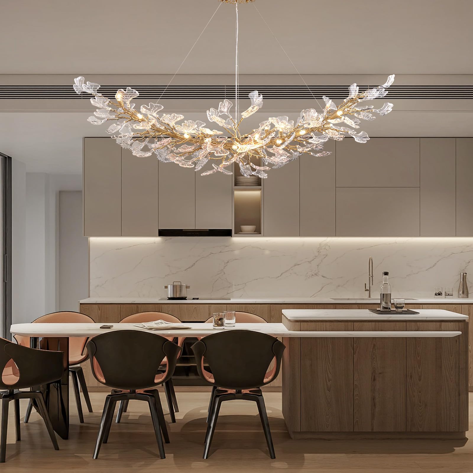 SHEKAITAO Modern Gold Crystal Chandeliers - L72 inch Rectangular Tree Branches Ceiling Pendant Light Fixtures, Natural Artistic-Style Ginkgo Leaf Chandelier for Dining Living Room Kitchen Island
