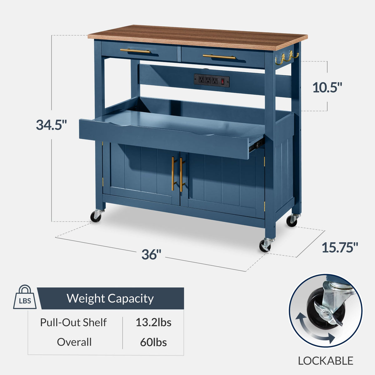 Best Choice Products 36in Large Rolling Kitchen Island Cart, 2-Door Cabinet, 2 Drawers, Pull-Out Shelf, Power Outlet, Hooks, & Swivel Lockable Wheels - Slate Blue