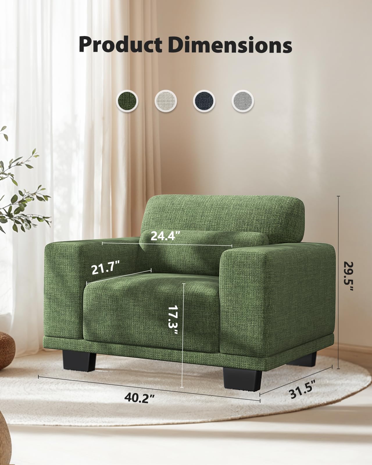 Compact Single Seater Sofa with Wide Armrests & Washable Linen Cover – Green