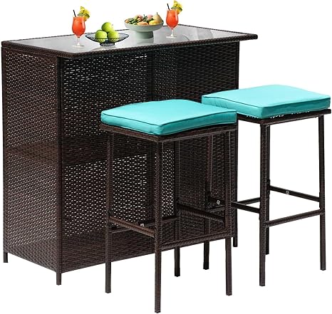 3-Piece Rattan Bar Set with Glass Table & 2 Stools