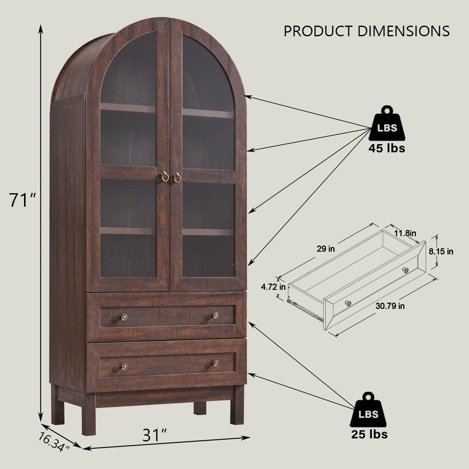 Tall Arched Kitchen Pantry Cabinet with Glass Doors