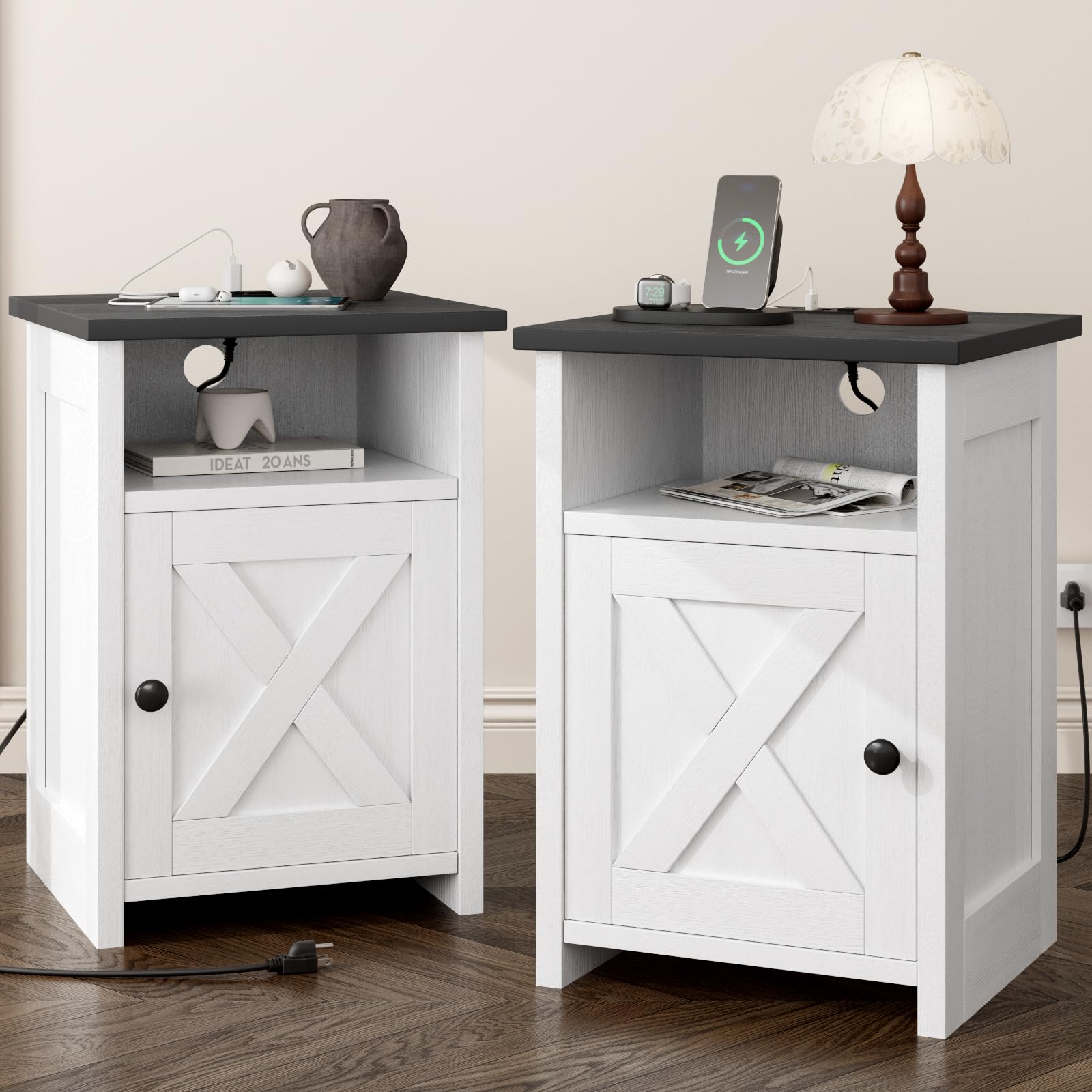 AURINEST Farmhouse End Table Set of 2 w/Charging Station, Nightstands w/Barn Door&Storage Shelf, Rustic Bedside Table for Living Room, Bedroom, Entryway, Office, Small Spaces, White