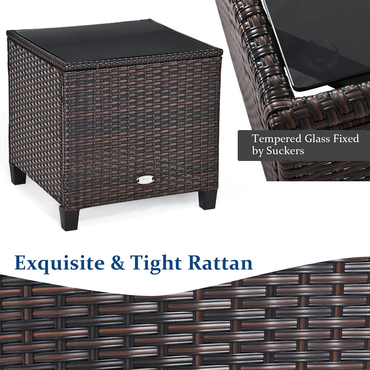 3-Piece Outdoor Rattan Conversation Set with Cushions & Glass Table