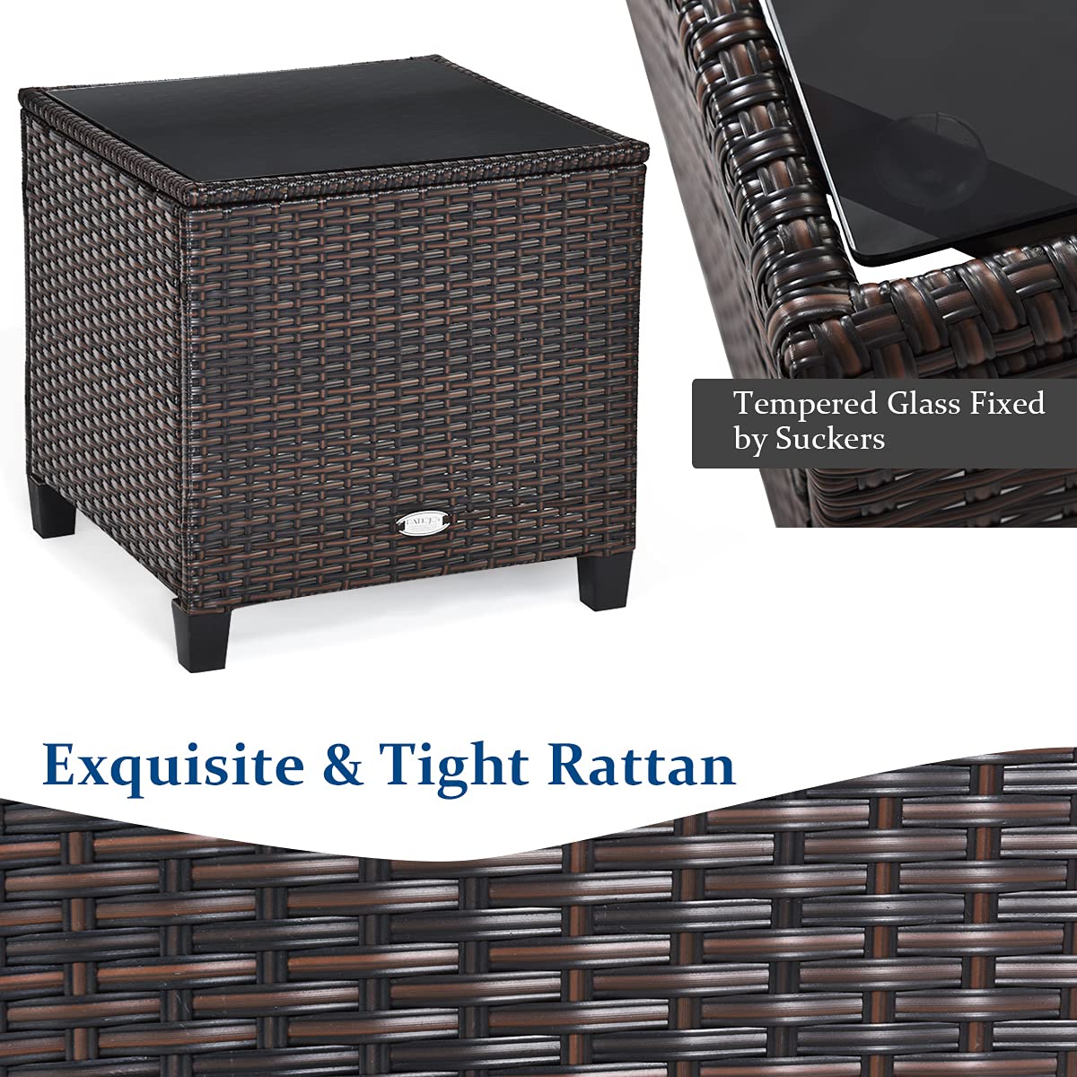 3-Piece Outdoor Rattan Conversation Set with Cushions & Glass Table