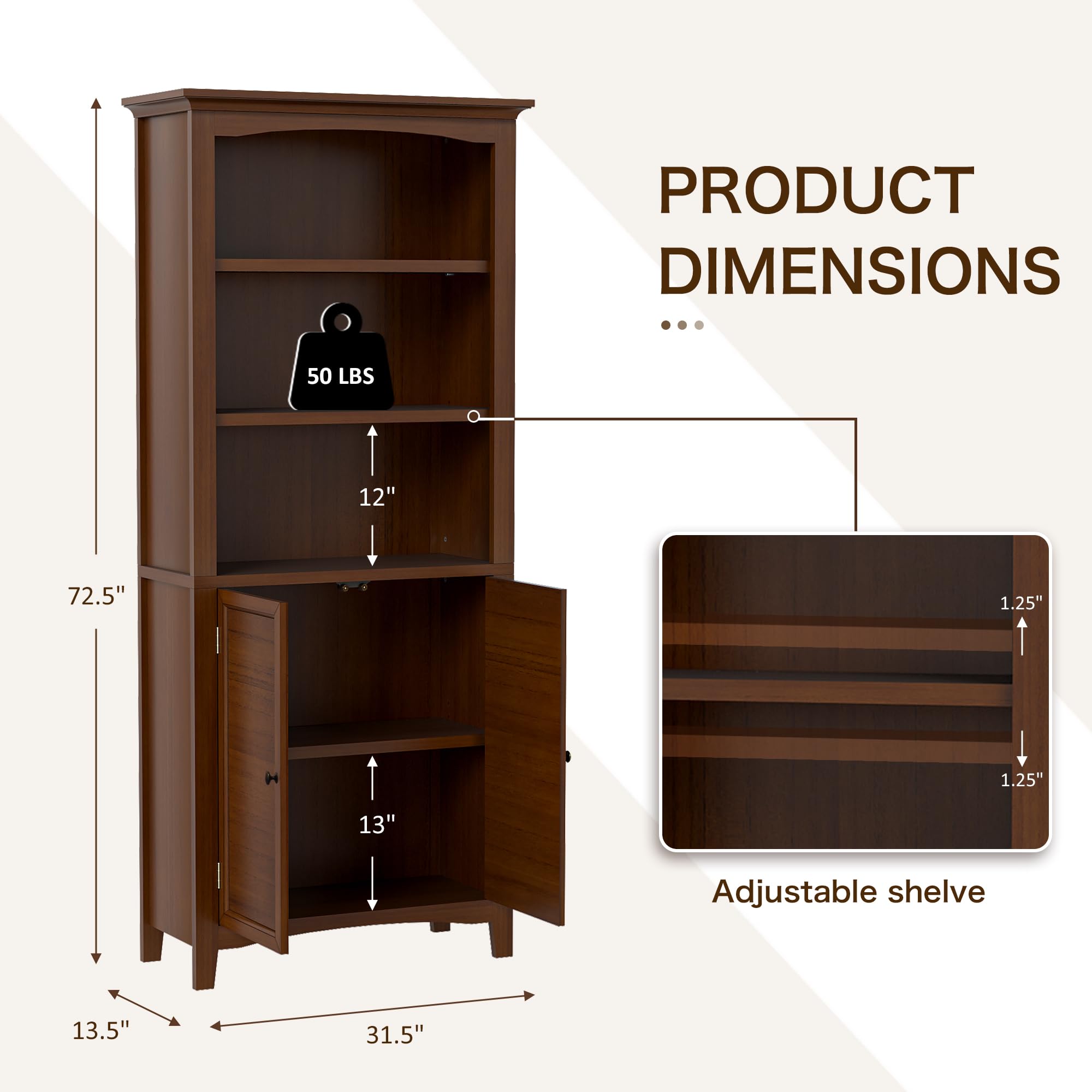 Ortello Home Harvin Standard Bookcase with Doors Set of 2, Solid Wood Bookshelves Floor Standing 5 Tier Adjustable Shelves Organizer and Storage, 72in Tall Bookshelf for Home Office, Living Room
